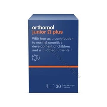 Orthomol Junior Omega plus. Iepakojumā 30 dienu devas. Vienas dienas deva satur 3 īrisa konfektes (15 g)