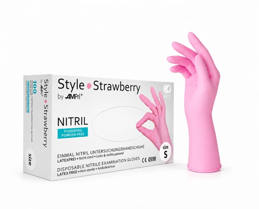 Style Strawberry gaiši rozā nitrila cimdi, nepūderēti, nesterili. Iepakojumā 100 gabali